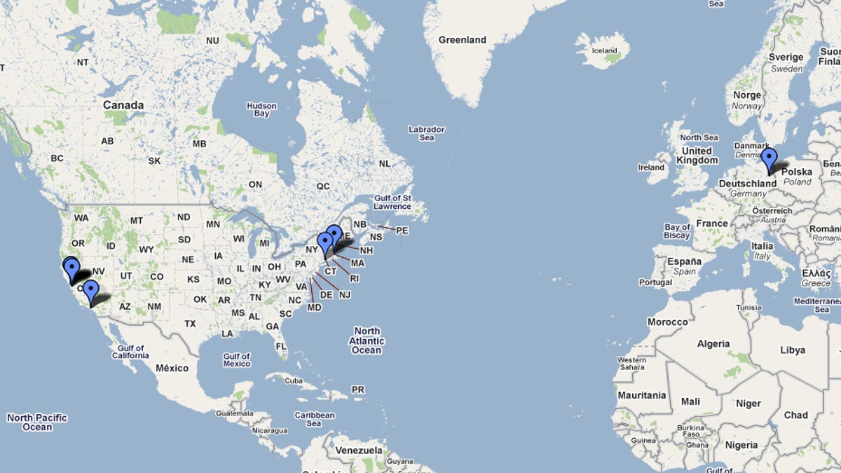 Some locations that Google associated with Wi-Fi devices, spotted in a San Francisco coffee shop.
