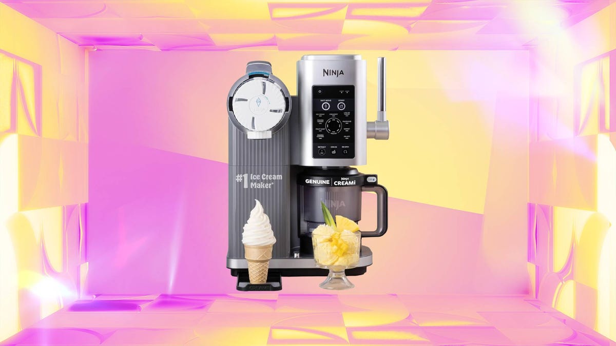 A homemade ice cream maker against a pink and yellow CNET background.