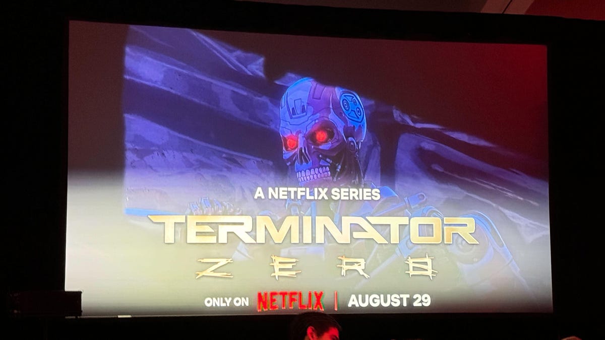 A projected image of a Terminator killing robot with the text: "Terminator Zero, a Netflix Series, only on Netflix August 29"