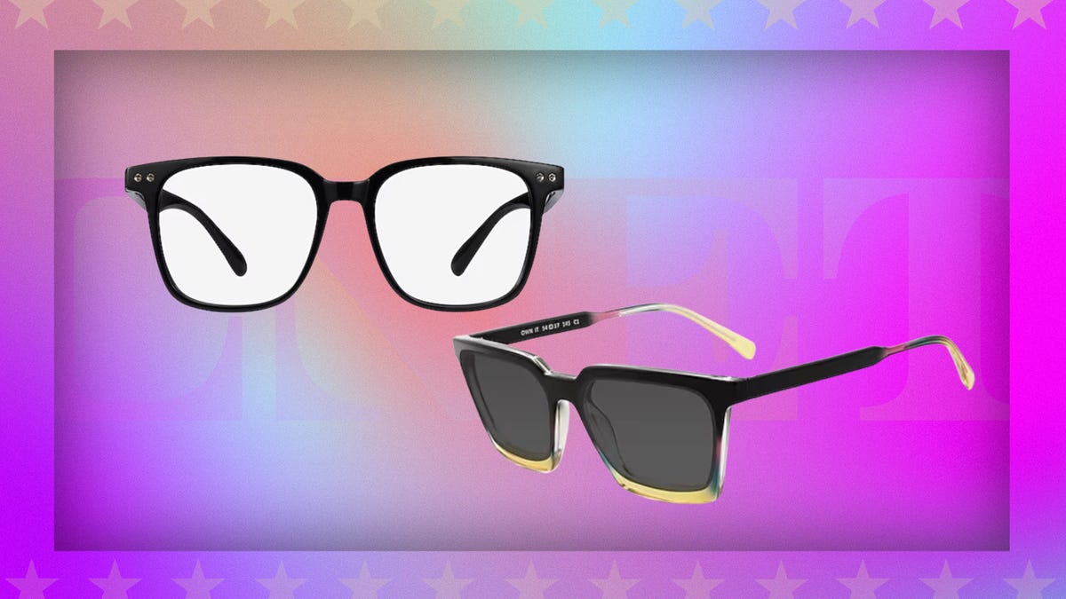 From left: black square frame glasses, black sunglasses with gold accents. Background: tan, sky blue and purple-pink gradient.