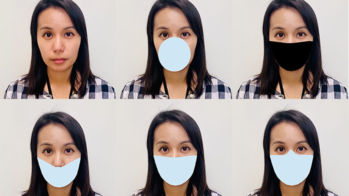 Photo series showing various simulated face masks on a face.