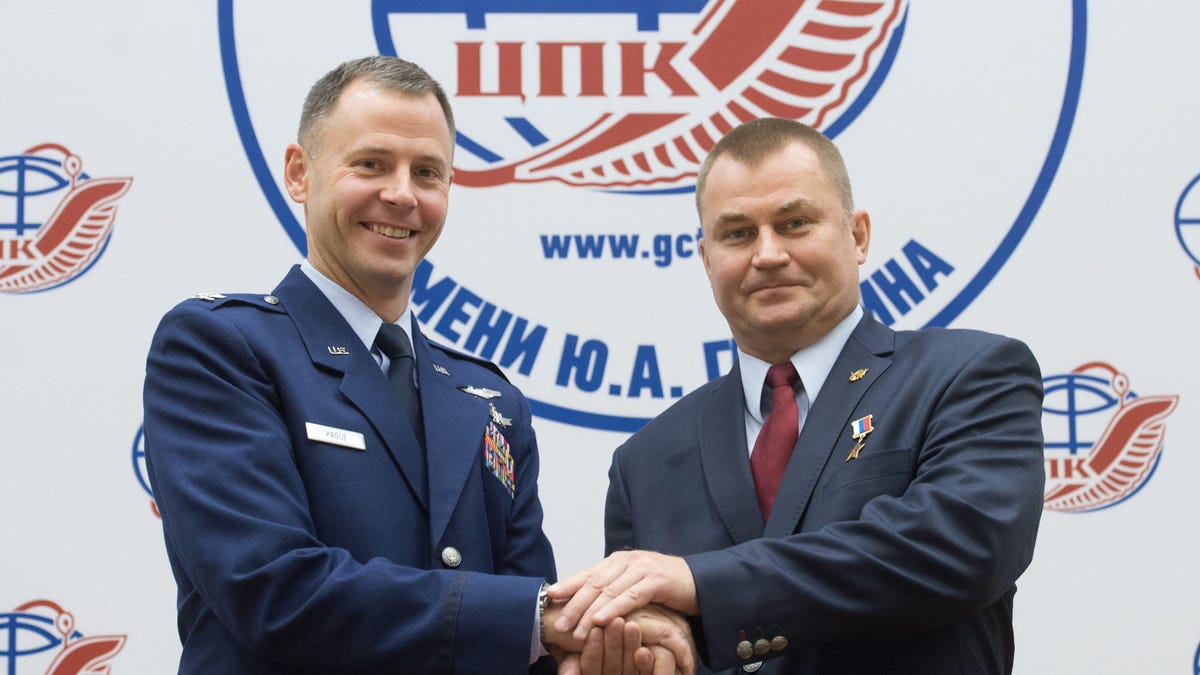 At the Gagarin Cosmonaut Training Center in Star City, Russia, Expedition 57 crewmembers Nick Hague of NASA (left) and Alexey Ovchinin of Roscosmos (right) pose for pictures Sept. 17 after a crew news conference. Hague and Ovchinin will launch Oct. 11 fro