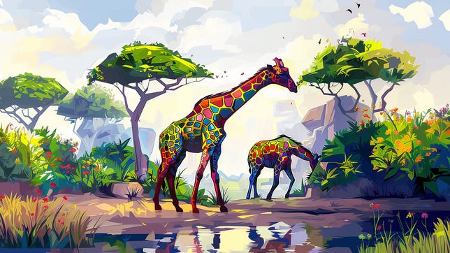 two rainbow giraffes standing in a cartoon safari scene