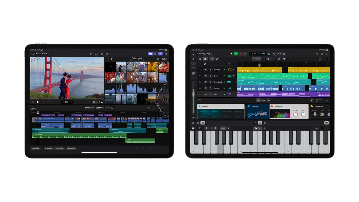 Screenshots of Apple's Final Cut Pro and Logic Pro on iPad.