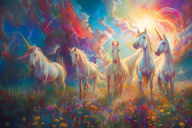 Four rainbow unicorns in a flower meadow