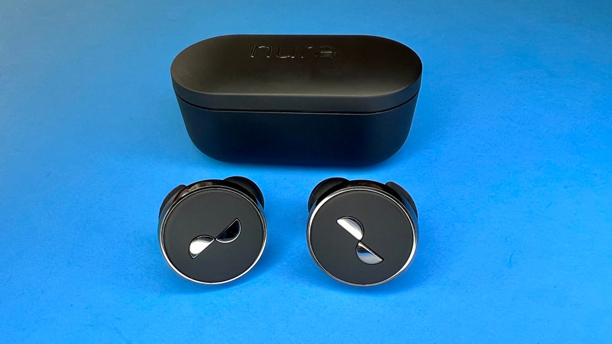 Nura NuraTrue Pro earbuds with a blue background