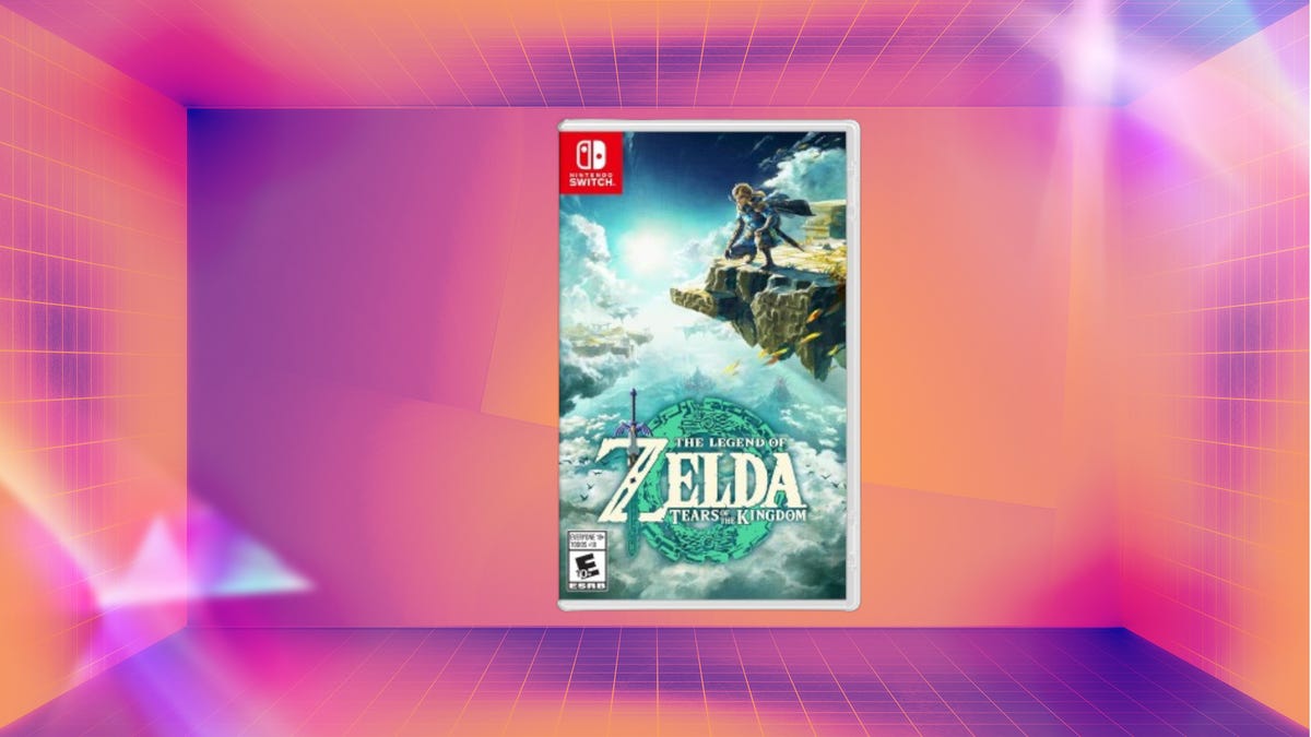 Legend of Zelda: Tears of the Kingdom for Switch on a pink and purple background