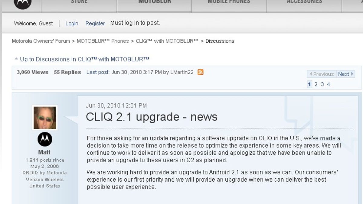 Motorola delivers the bad news that Cliq/Cliq XT users will not get Android 2.1 today.