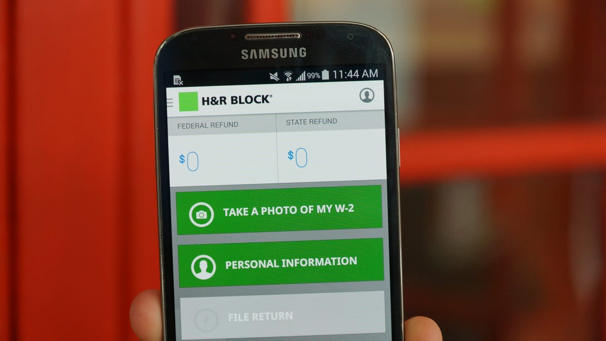 H&R Block's app as seen on a phone: It depicts options for taking photos of a W-2 form, adding personal information and filing returns.