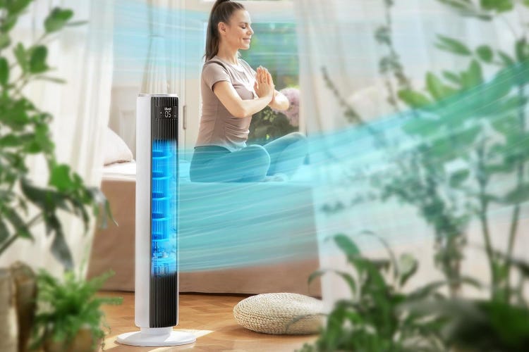 A Levoit fan in a sunny room with a woman behind it meditating.