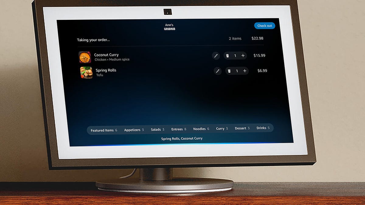 An Echo Show showing Thai food options with Alexa Plus' food ordering.