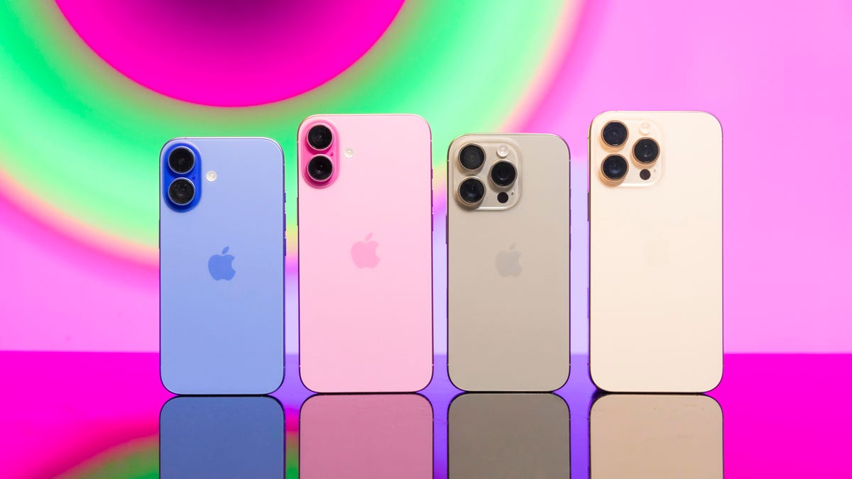 Four iPhone 16's in blue, pink, tan and peach