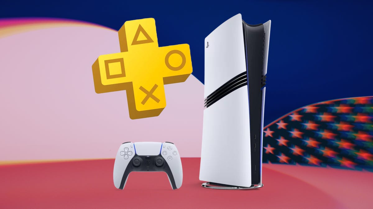 Sony PS5, PS5 DualSense and PS Plus symbol on presidents day CNET background
