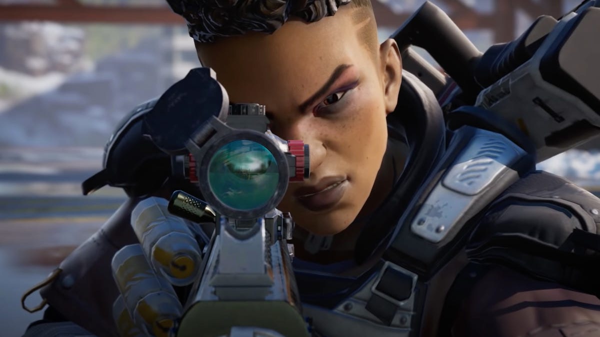 bangalore from apex legends looks down the sight of her sniper rifle