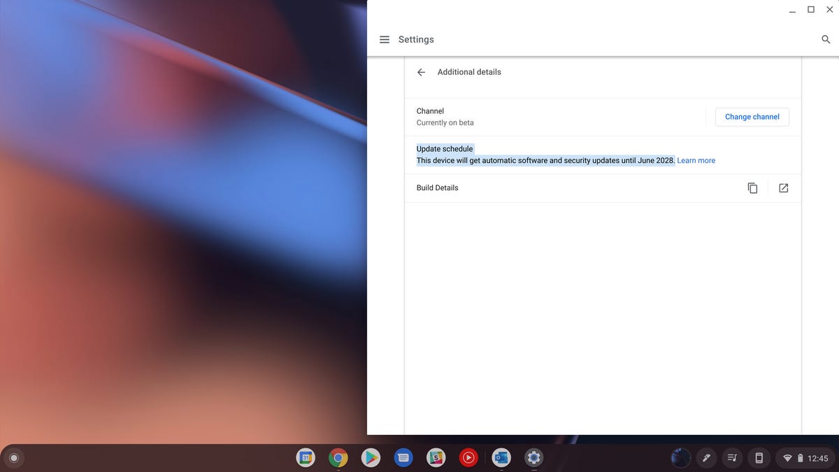 A Chromebook's screen showing the AUE date