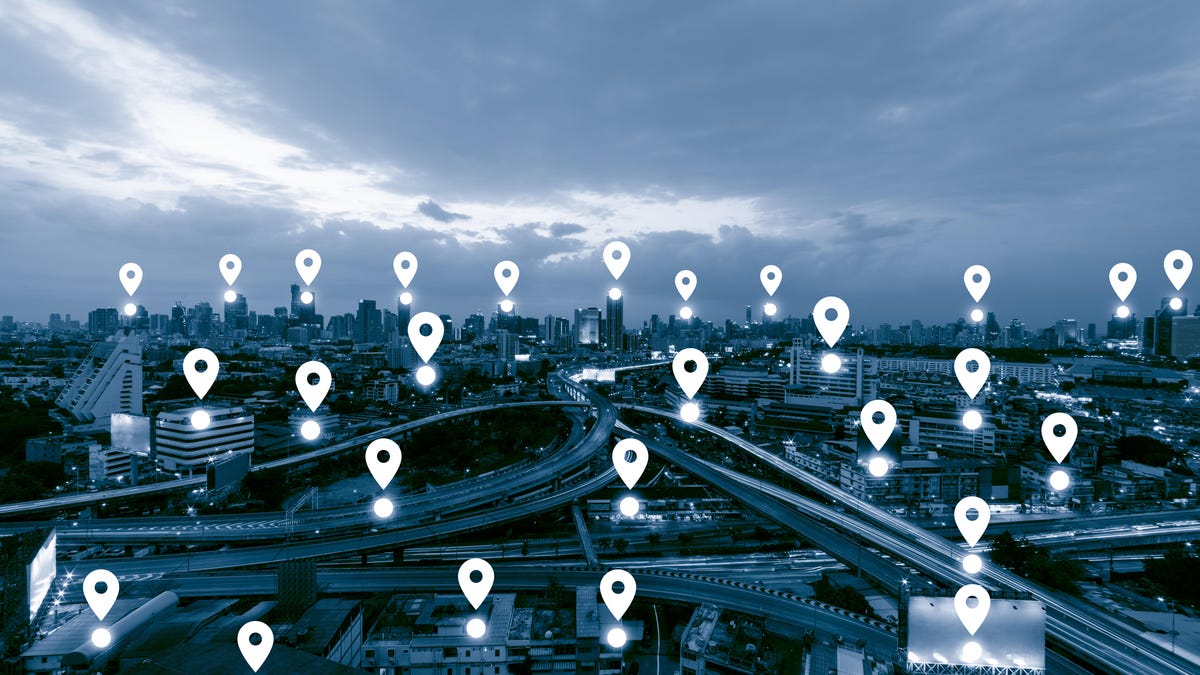 Blue tone city scape and network connection concept , Map pin business district