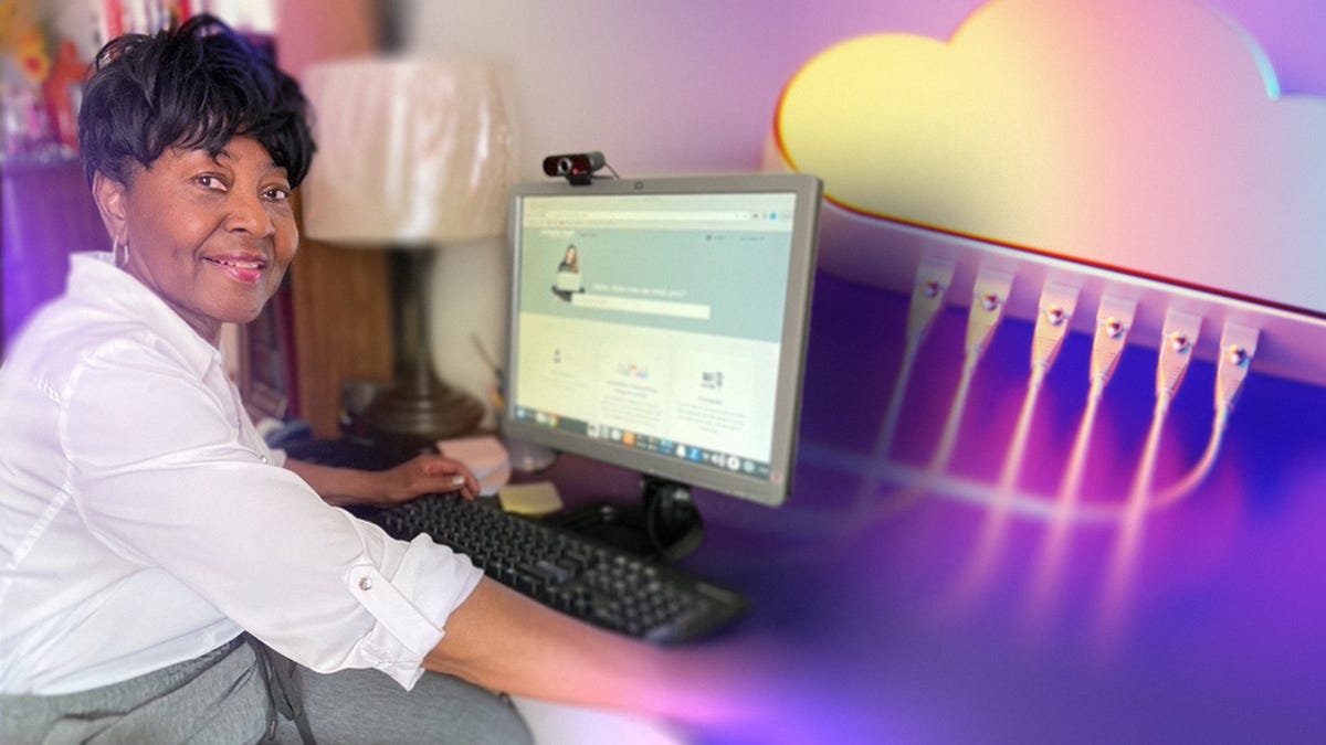 composite of a woman in a white shirt using a desktop computer, and a wooden cloud with wires going into it