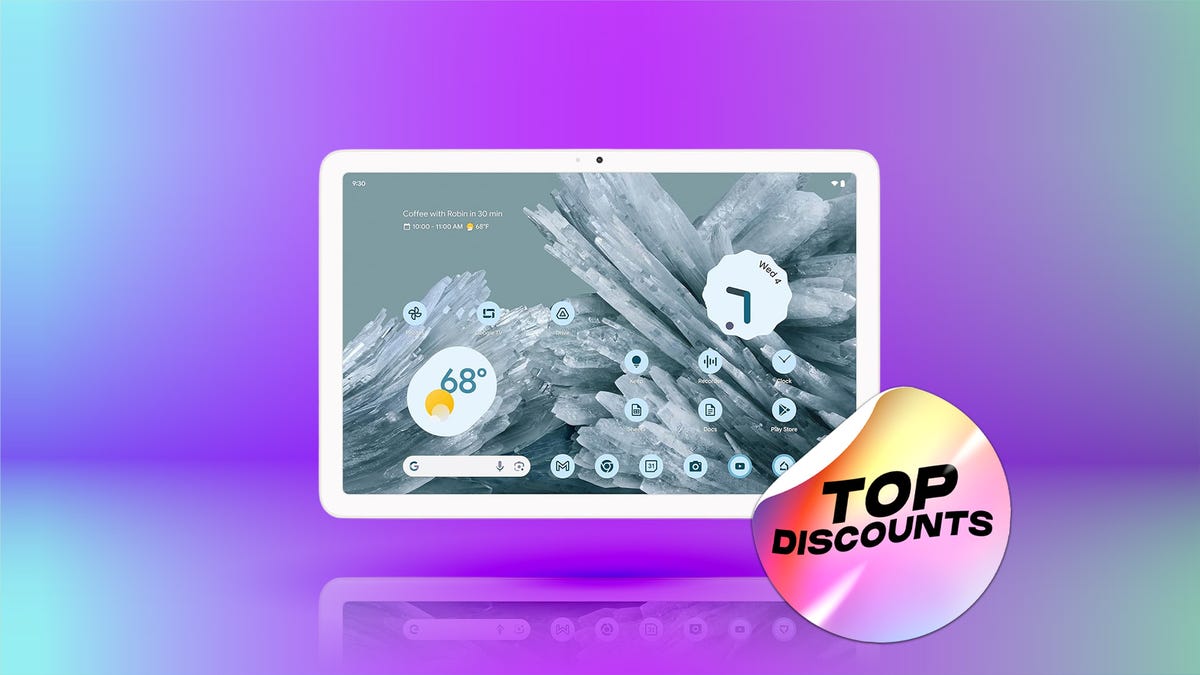 Black tablet against pink, blue and cyan background.