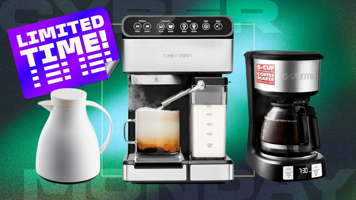 Black and steel coffeemaker against blue, green and black CNET background.