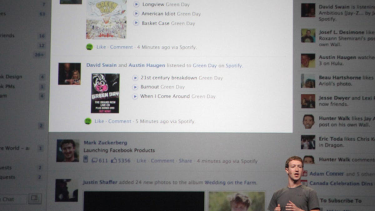 Facebook CEO Mark Zuckerberg showing off Ticker and links to Spotify at F8.
