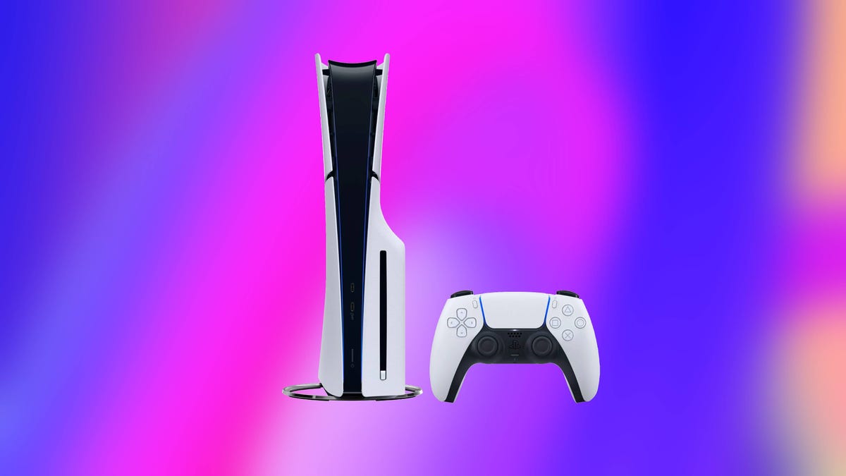 A white PlayStation console and controller against an abstract blue and pink background.