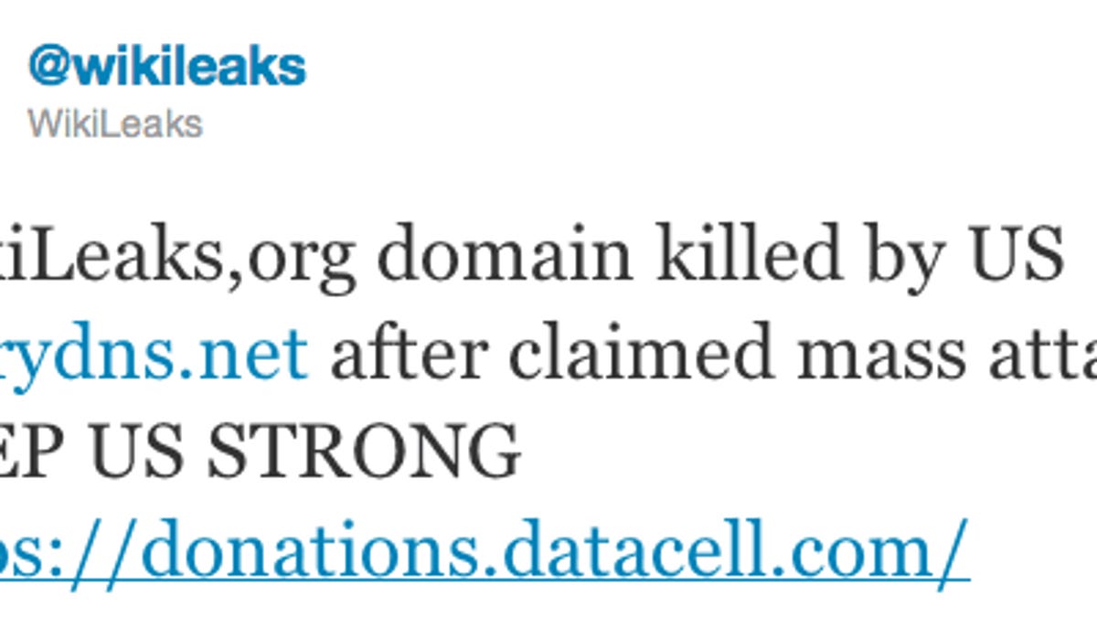 WikiLeaks' tweet about losing its Internet address service yesterday