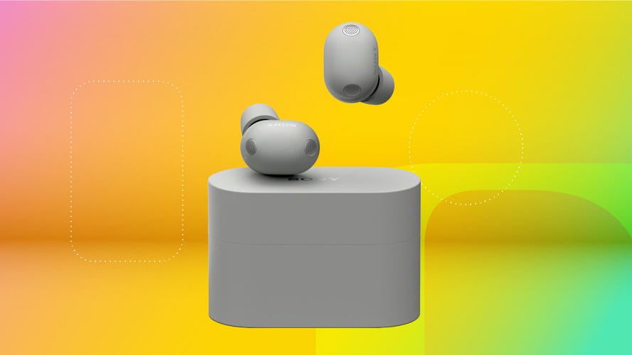 Shot of the Sony WF-1000XM6 earbuds in silver suspended outside their case