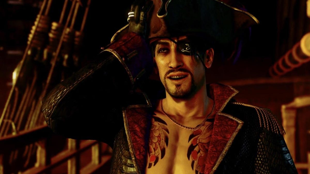 A screenshot of a man, Majima, with an eyepatch and pirate outfit on a pirate ship.
