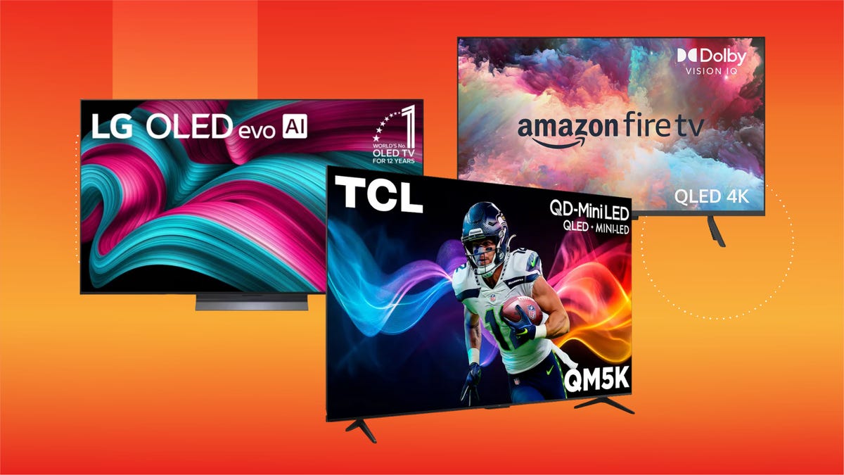 Two Samsung TV screens on a red/pink white and blue background