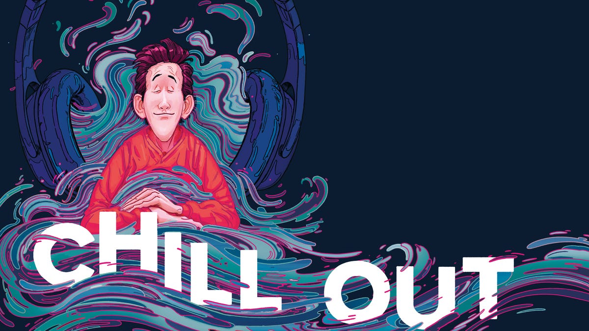 "Chill Out" illustration of a man relaxing in bed.