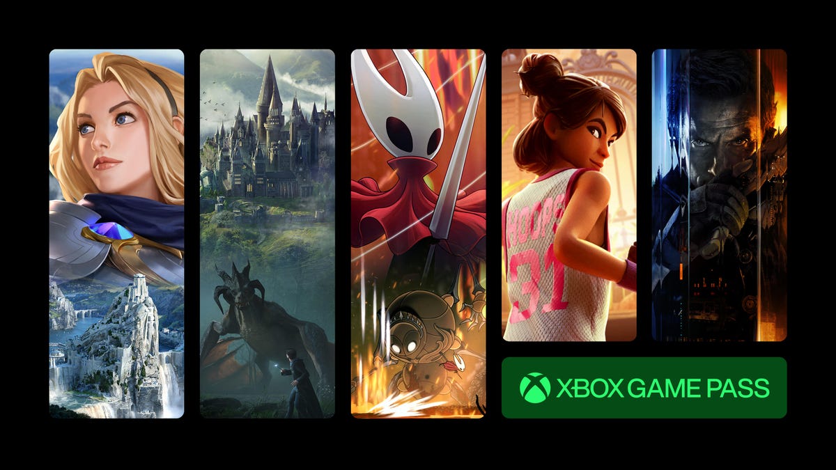 Five game title cards with the Xbox Game Pass logo in the bottom right corner.