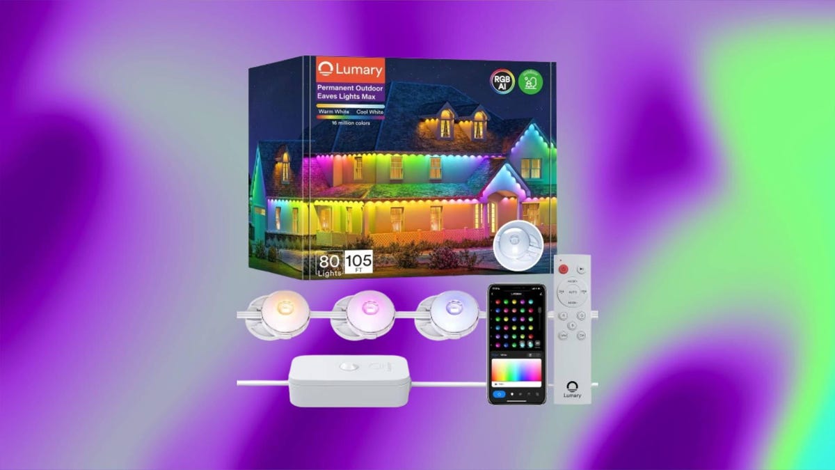 The Lumary permanent outdoor lights over an abstract purple and green background.