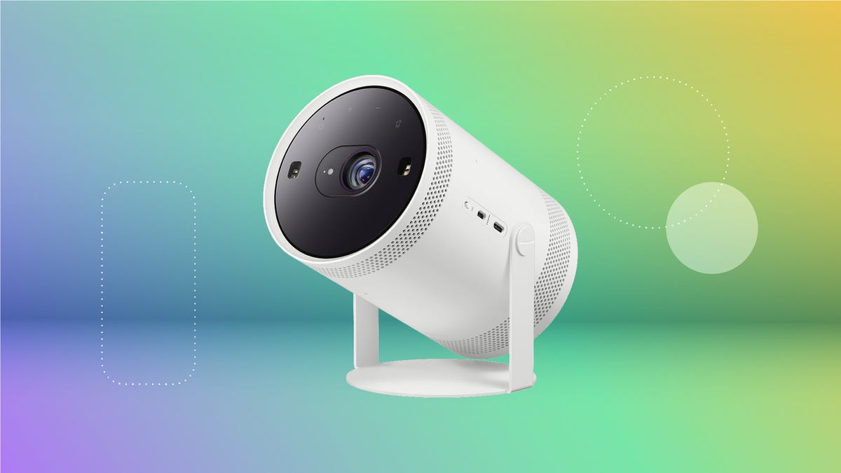 A white Samsung Freestyle Second Gen projector set against a green gradient background