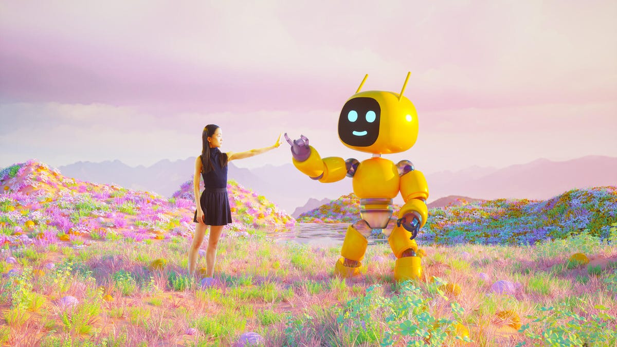 A woman and a robot high five in a field.
