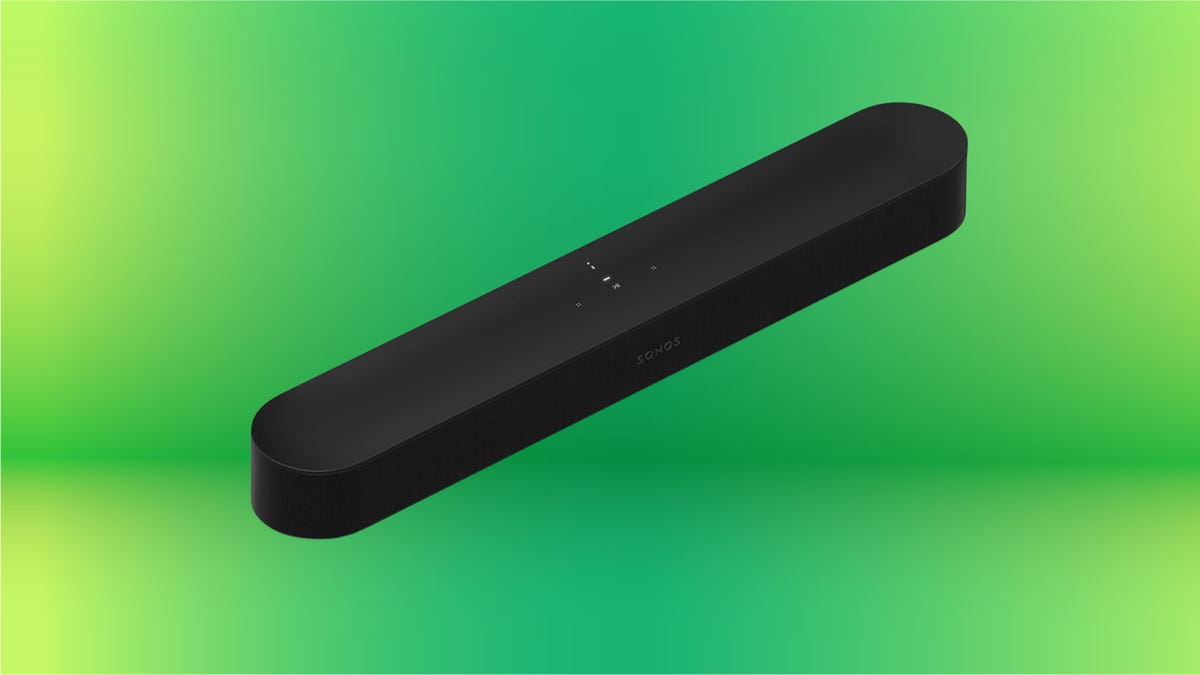 The Sonos Beam Gen 2 soundbar is displayed against a gradient green background.
