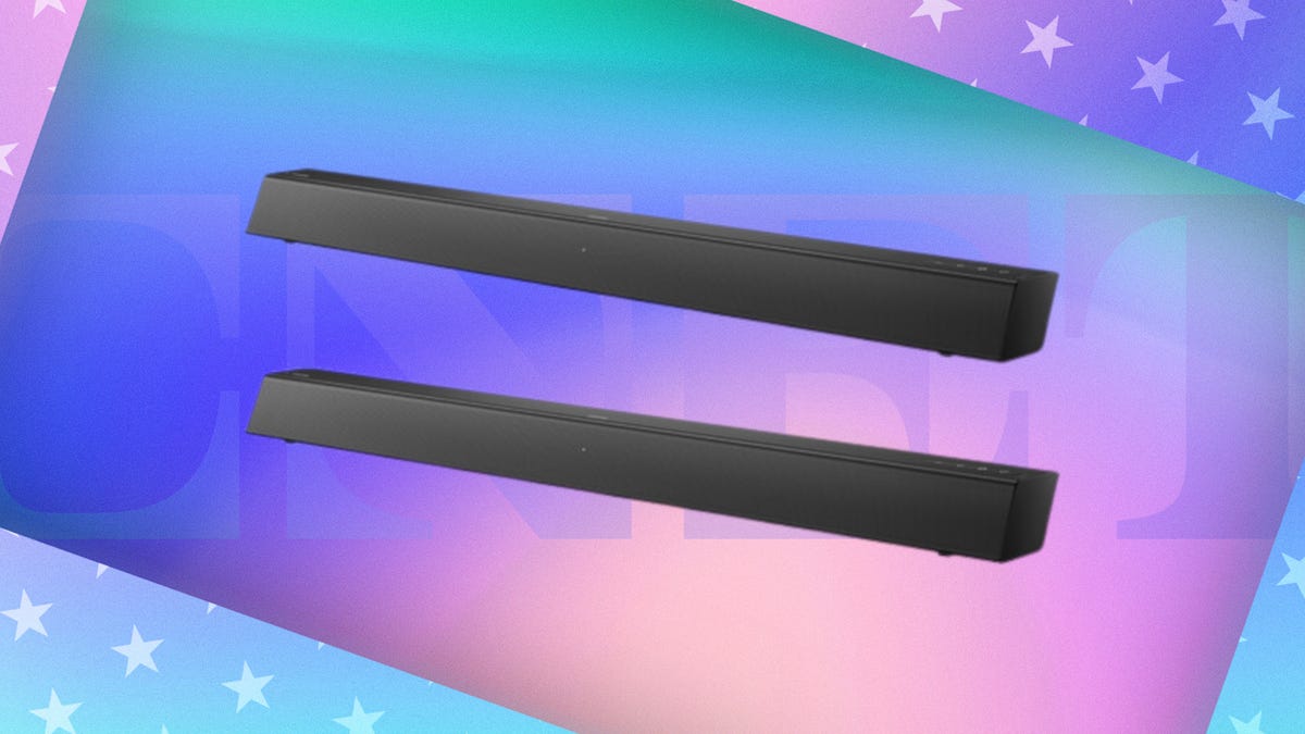 Shows two Philips soundbars on a pink and blue background.