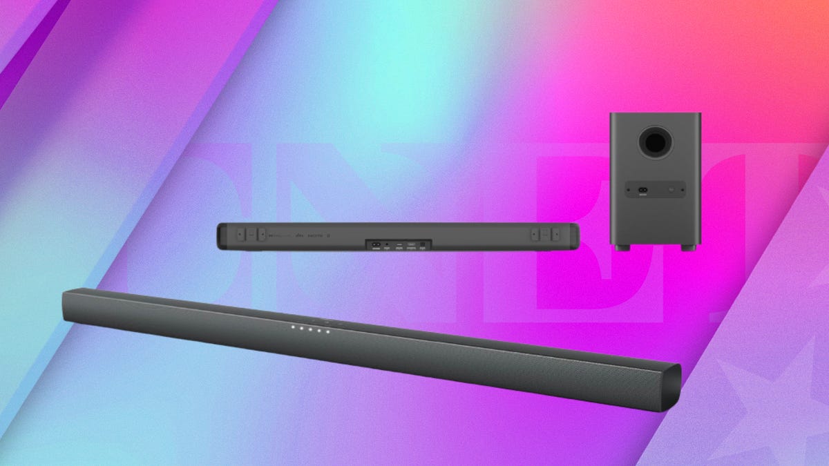 Black Philips soundbar and subwoofer. Background: cyan, purple and magenta gradient.