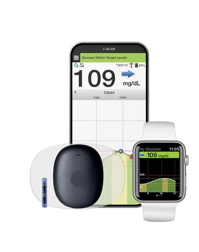 The Eversense 365 continuous glucose monitor, app on smartphone, app on smartwatch, and sensor over a white background.