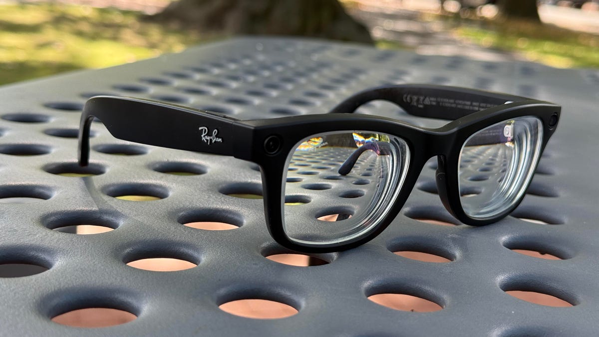 Ray-Ban Meta Gen 2 glasses in black on a picnic table in a park