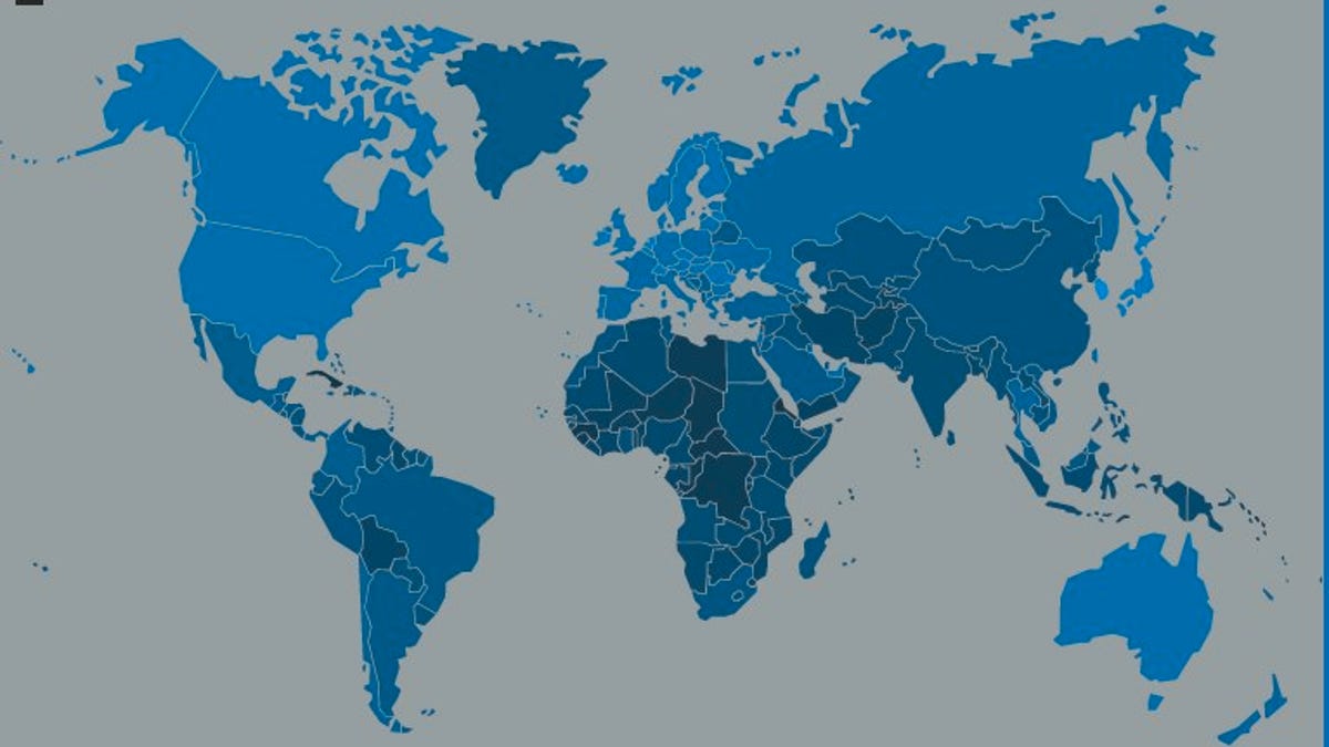 A look at average Web connection speeds around the world. The lighter the color, the faster.