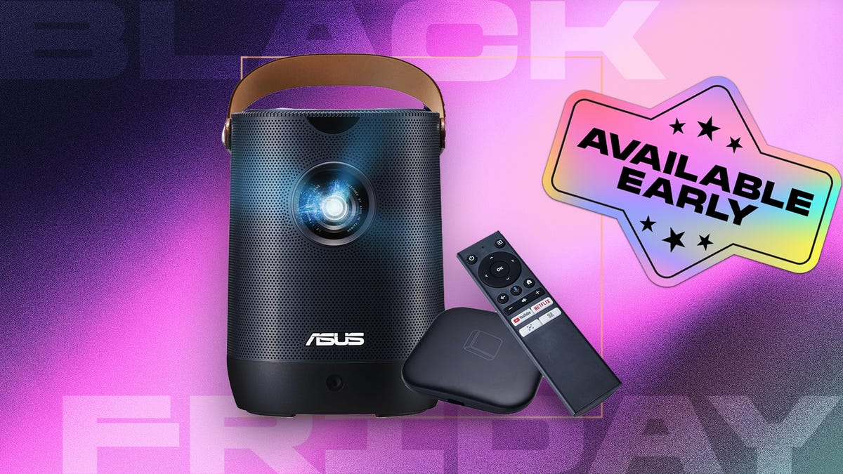 Black portable projector and remote displayed against a gradient purple background