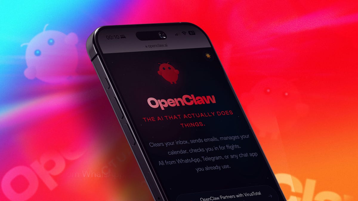 OpenClaw AI website on an iPhone screen against a gradient backdrop