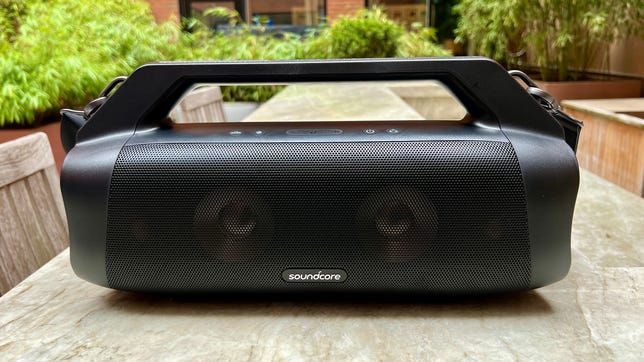 Head-on shot of the Soundcore by Anker Motion Boom Plus Bluetooth speaker