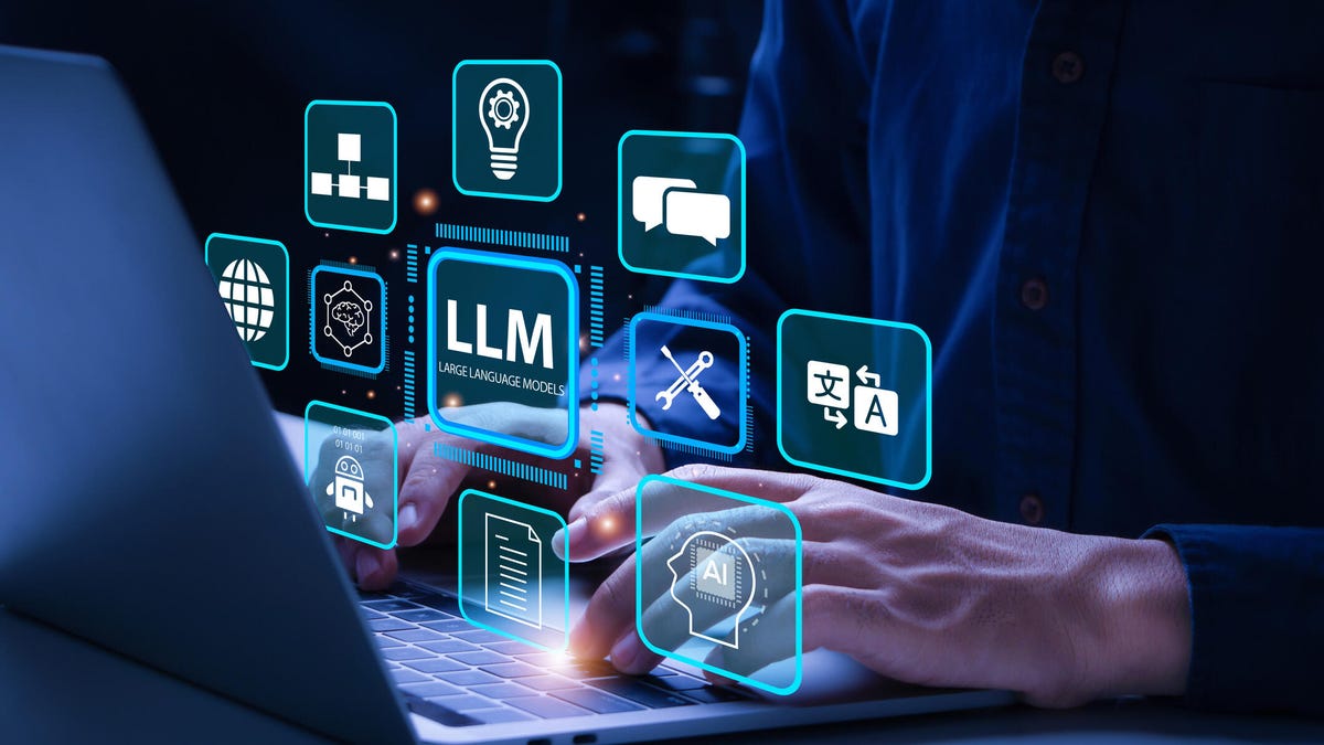 a man typing on a laptop with floating holographic tiles, the main one reading LLM for large language models
