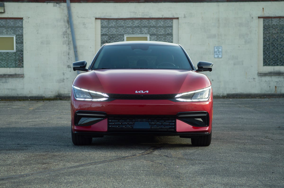 2022 Kia EV6 in red, seen from the front and below