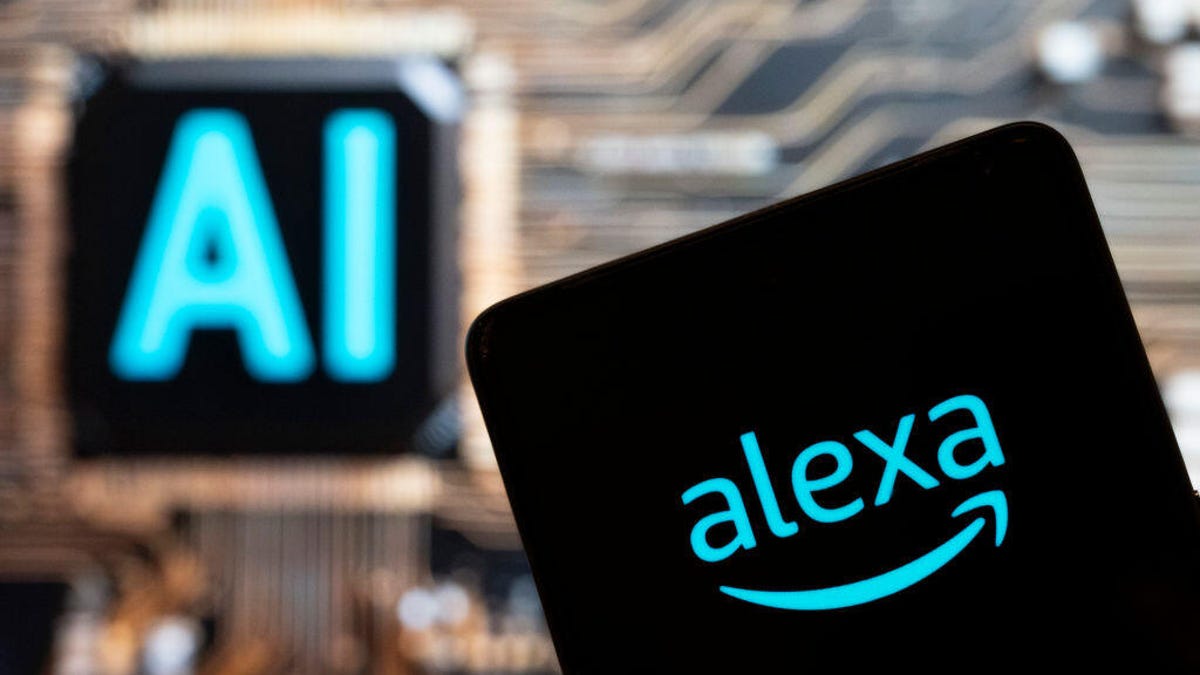 Alexa logo on a phone with AI image in the background.