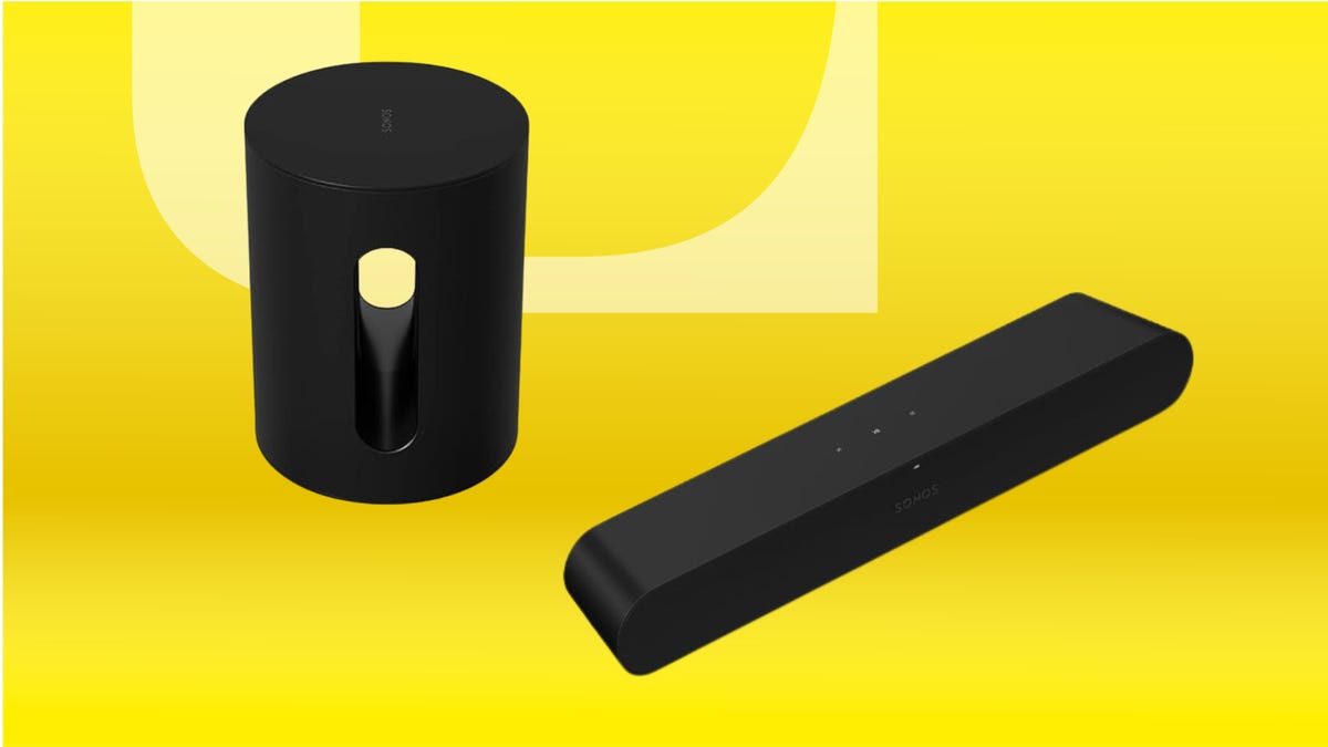 From left: black cylindrical mini-subwoofer and rectangular sound bar. Background: yellow gradient.
