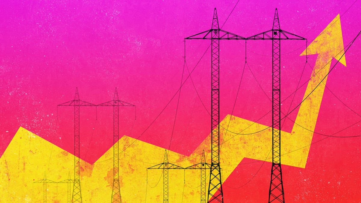 Power lines with on overlay illustration an arrow indicating upward trend