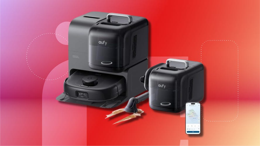 eufy Robot Vacuum E28 against CNET's red commerce background.