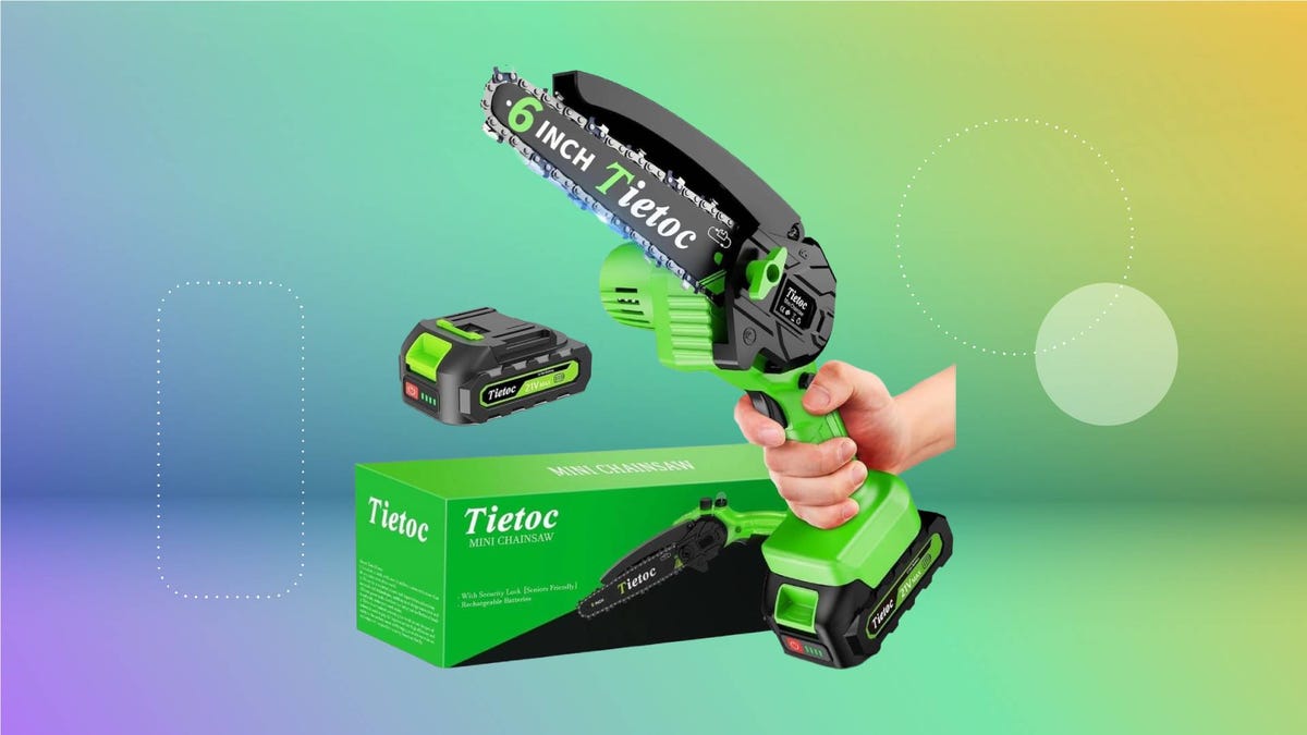 A green mini chainsaw, battery and box against a purple and green gradient CNET background.